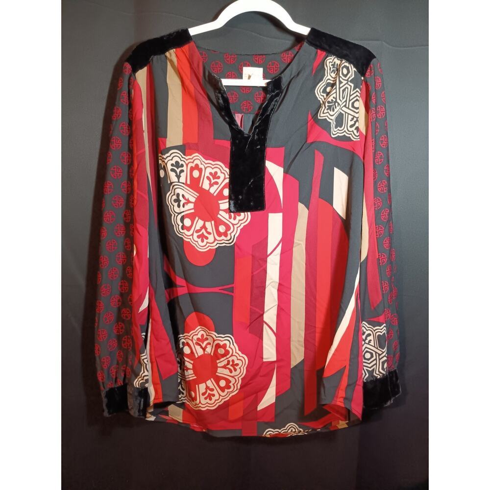Chicos 2 Asian Inspired Tunic Shirt Large Black Red Gold Velvet Trim Long Sleeve